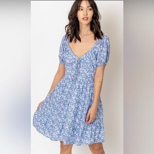 Abily Blue Ditzy Print Smocking Mini Dress